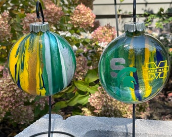 Hand Painted 1/2 Michigan Wolverines and 1/2 Michigan State House Divided Glass Disc Ornament