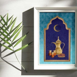 Islamic tea pot and tea cups with a plate of dates against a starry night sky withcrescent moon and archway in blue tiles
