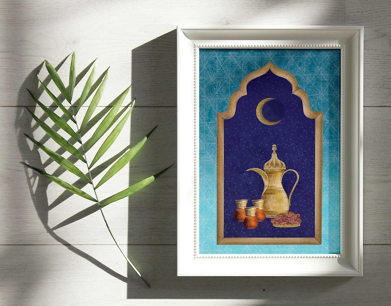 Islamic tea pot and tea cups with a plate of dates against a starry night sky withcrescent moon and archway in blue tiles