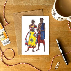 Carte de voeux du Kenya avec enveloppe | Carte Maasai du Kenya | Illustration de la mode africaine | Carte d'anniversaire illustrée en tissu africain