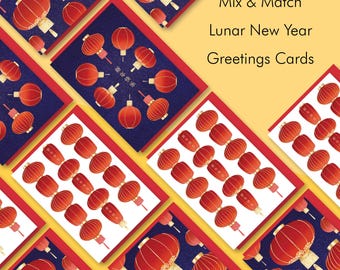 Lunar New Year Card Set: Hand-Drawn Chinese Lanterns, Mix & Match