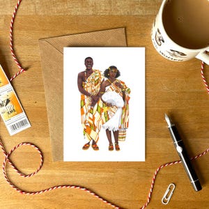 Carte de voeux du Ghana avec enveloppe | Carte de mariage du Ghana | Illustration de mode Kente | Carte d'anniversaire illustrée en tissu africain
