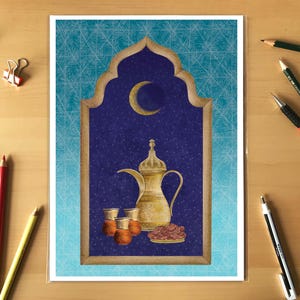 May include: A gold-colored coffee pot with a crescent moon and stars in the background. The coffee pot is sitting on a table with three glasses of coffee and a plate of dates. The scene is framed by a blue and gold archway.