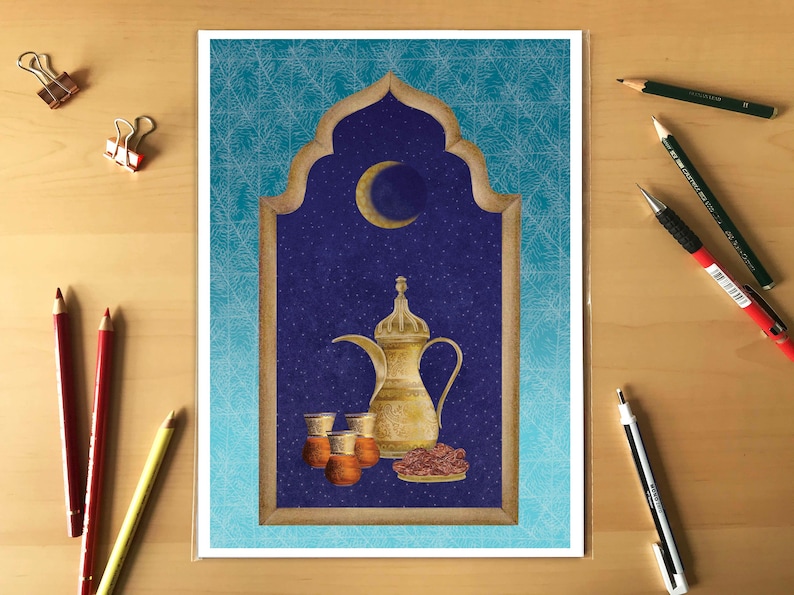 May include: A gold-colored coffee pot with a crescent moon and stars in the background. The coffee pot is sitting on a table with three glasses of coffee and a plate of dates. The scene is framed by a blue and gold archway.