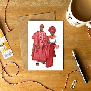 Carte de voeux du Nigéria avec enveloppe | Carte de mariage nigérian | Illustration de mode yoruba | Carte d'anniversaire illustrée en tissu africain