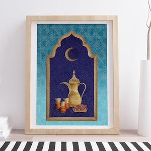 May include: A framed illustration of a gold coffee pot, four glasses, and dates on a blue background with a crescent moon and stars. The illustration is framed in a light wood frame.