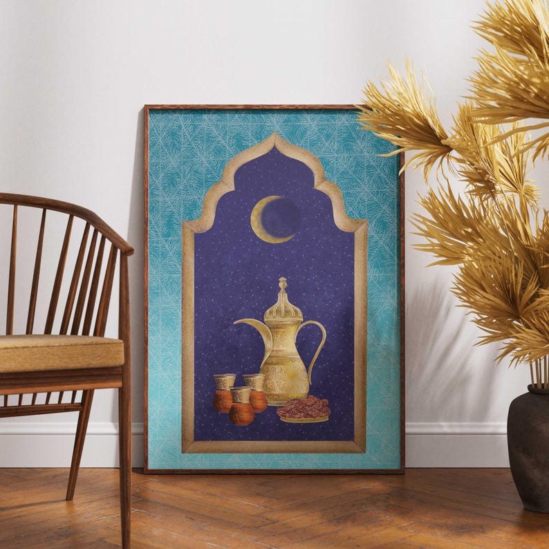 Eid Mubarak Art Print | Crescent Moon, Tea Set Illustration image 1