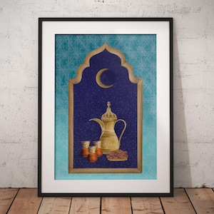 May include: A digital illustration of a gold coffee pot, three small cups, and a plate of dates in front of a blue archway with a crescent moon. The background is a blue and white pattern.