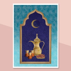 May include: A gold-colored coffee pot and three cups sit on a blue background with a crescent moon and stars. The coffee pot has a decorative design and the cups are filled with a dark liquid. A plate of dates sits in front of the coffee pot.