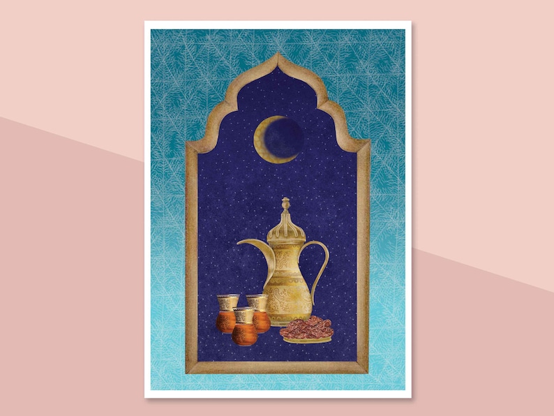 May include: A gold-colored coffee pot and three cups sit on a blue background with a crescent moon and stars. The coffee pot has a decorative design and the cups are filled with a dark liquid. A plate of dates sits in front of the coffee pot.