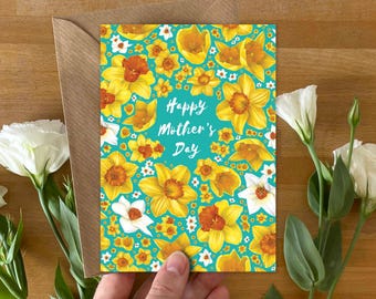Daffodils Mother's Day Card: Hand-Drawn Floral Notelet with Kraft Envelope
