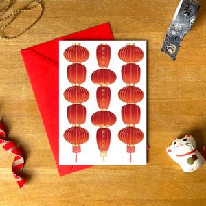 Carte de voeux pour le nouvel an lunaire avec enveloppe rouge | Carte intérieure vierge pour le nouvel an chinois | Lanternes chinoises