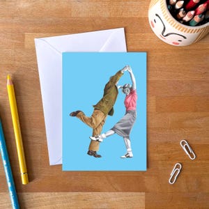 bras levés carte de voeux de danse heureuse | Illustration de danseuse de swing Lindy Hop | Rétro carte d'anniversaire ou de fête | A6 vierge avec enveloppe