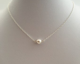 Single pearl necklace, white pearl with Sterling silver, short necklace, minimalist, girlfriend gift, bridesmaid gift, birthstone