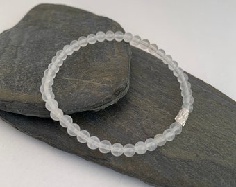 White Jade bracelet with Sterling silver, unisex stretch bracelet, minimalist, letter box gift, send a hug.