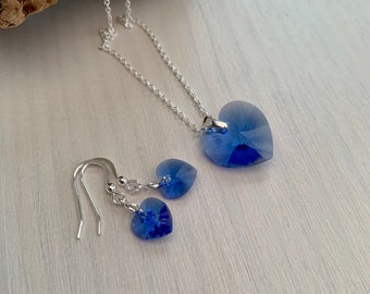 Sapphire heart jewellery, blue crystal hearts with Sterling silver, makes a great girlfriend gift, daughter gift or birthday gift for mum!