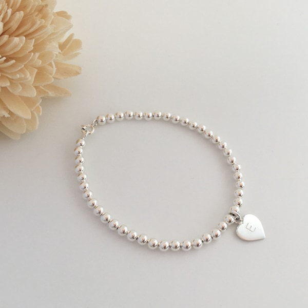 Sterling silver bracelet with initial heart charm, personalised bracelet, flower girl gift, bridesmaid gift, daughter gift, tween