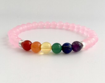 Pride bracelet, Rose Quartz bracelet with semiprecious rainbow, gay pride, love wins, pink rainbow bracelet, made with pride flag colours