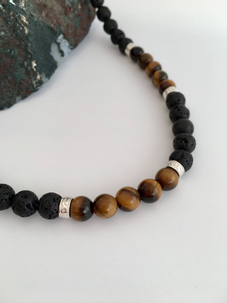 Short Mens Necklace Lava and Tigers Eye Necklace With - Etsy UK