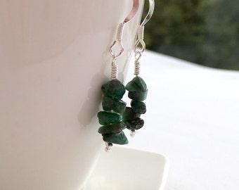 Raw Emerald earrings with Sterling silver, May birthstone jewellery, birthday present for Taurus, raw stone