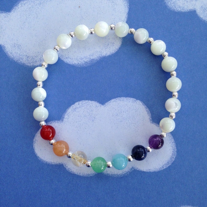 Rainbow bracelet, chakra bracelet, semiprecious rainbow, mother of pearl bracelet with Sterling silver, gift for her, gay pride, love wins image 2