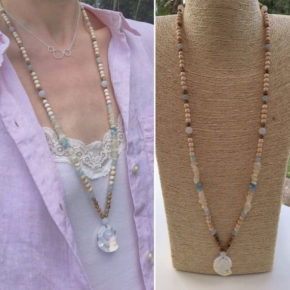 Long summer necklace with Swarovski Crystal shell pendant Etsy