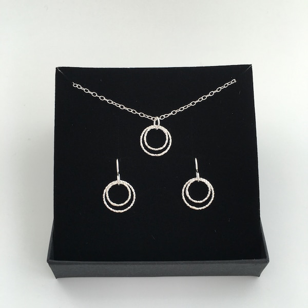 Sterling silver double Circle necklace and earrings set, Mothers Day, silver circle earrings, engagement gift, gift for mum, letterbox gift