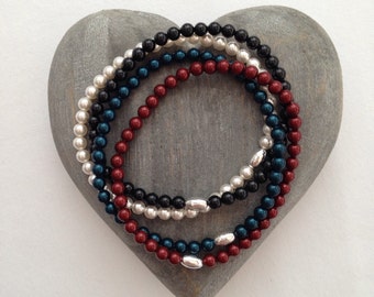 Tiny pearl bracelets, black and white minimal bracelets, couples bracelets, faux pearls with sterling silver, red white blue, family