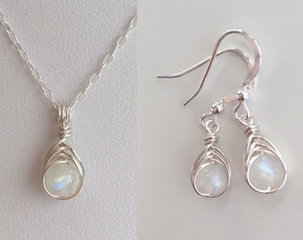 Moonstone necklace and earrings set, birthday gift for her, rainbow moonstone earrings, girlfriend, sister gift, best friend, birthstone