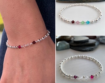 Family birthstone bracelet with Sterling silver and crystal beads, Christmas gift for mum, best friend birthday gift