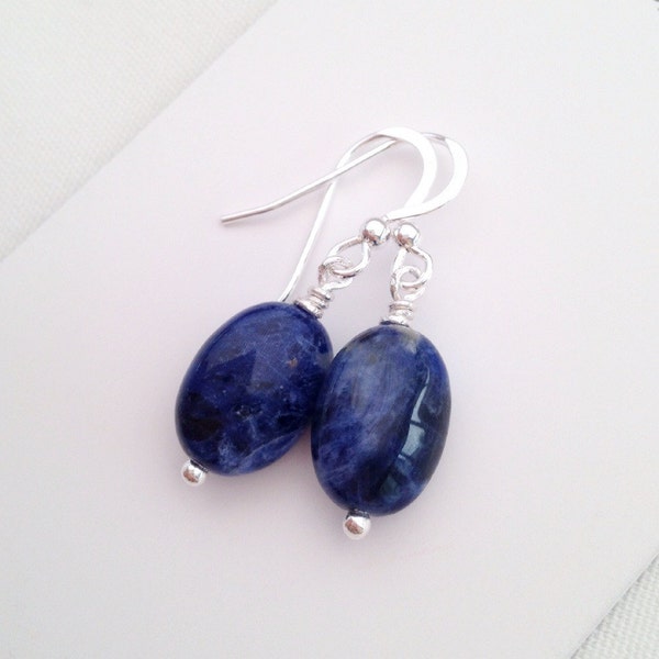 Sodalite and Sterling silver earrings, semiprecious gemstone earrings, Sodalite earrings, Blue earrings, Gift for her