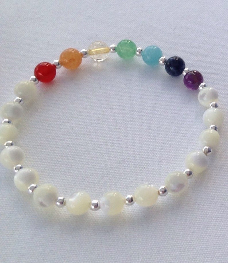 Rainbow bracelet, chakra bracelet, semiprecious rainbow, mother of pearl bracelet with Sterling silver, gift for her, gay pride, love wins image 4