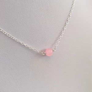 Rosenquarz Halskette, einzelne Perlenkette, minimale Sterling Silber kurze Halskette, rosa Halskette, Freundin Geschenk, Geschenk für Daugher, Schwester Bild 2