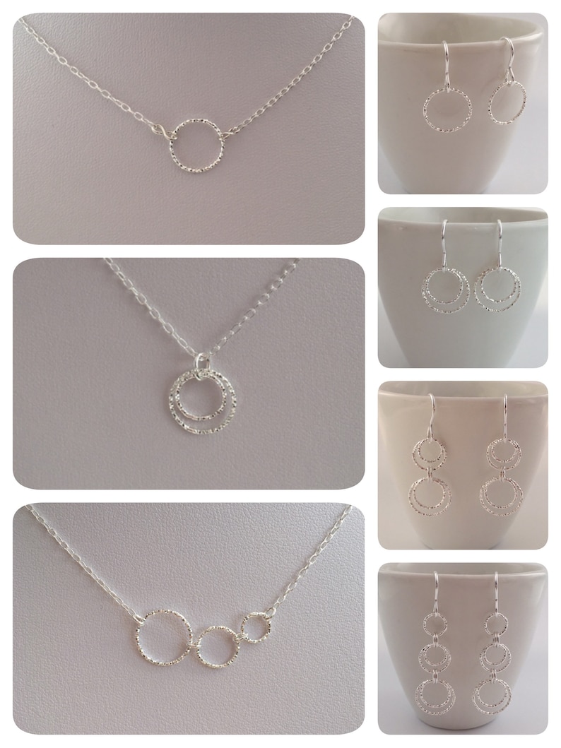 Triple Circle necklace and earrings set, gift for mum, mum of three, minimal Sterling silver circle earrings, three circle image 7