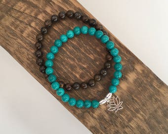 Turquoise Lotus bracelet with Bronzite bracelet, silver lotus flower bracelet, gift for her, girlfriend, sister gift, calming daughter gift