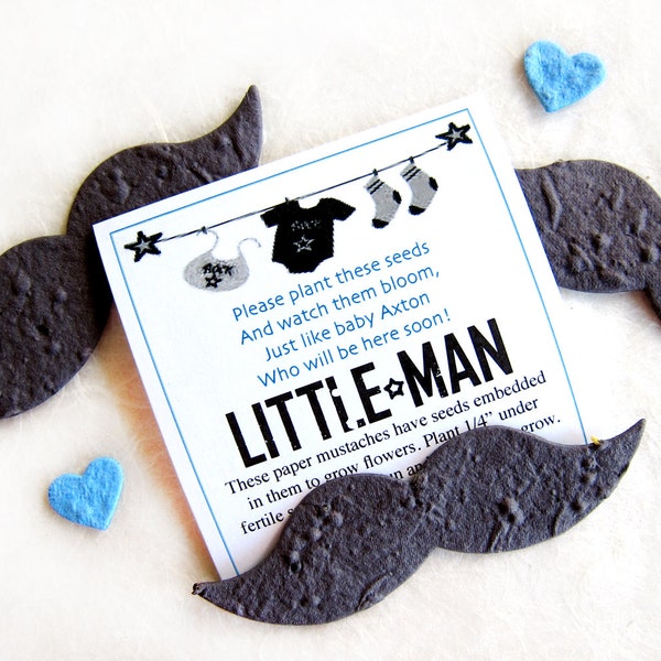 Seed Paper Little Man Baby Shower Favors - Plantable Flower Seed Paper Mustaches - Black Paper Mustaches - Baby Boy Baby Shower