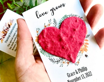 Flower Seed Fall Wedding Favors - Plantable Seed Paper Heart with Wood Heart Fall Foliage - Love Grows