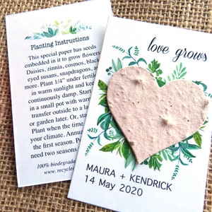 Cadeaux de mariage personnalisés avec graines L'amour grandit, fleurs en papier, coeur en papier - rose poudré recyclé, respectueux de l'environnement