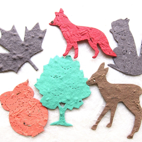 20+ Seed Paper Forest Animals Baby Shower Favors - Squirrel Owl Fawn Maple Leaf Fox Elm Tree - Woodland Wedding Birthday Party Favors