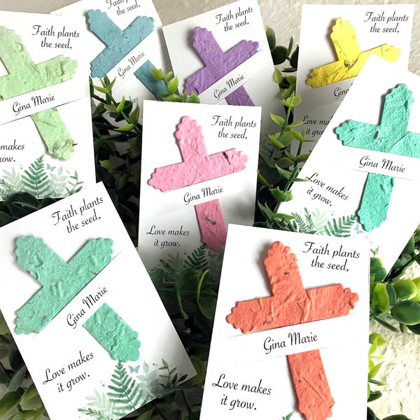 24 Flower Seed Paper Cross Baptism Favors - Faith Plants the Seed Personalized Cards - First Communion Christening - Plantable Paper