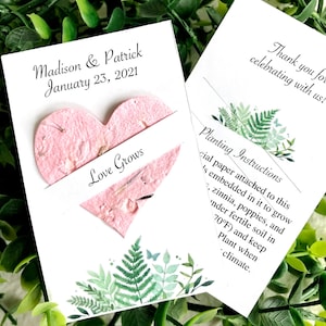 Personalized Flower Seed Paper Wedding Favors Hearts - Love Grows Cards - Ferns Greenery - Sky Blue Pink Lilac more - Recycled Eco-Friendly