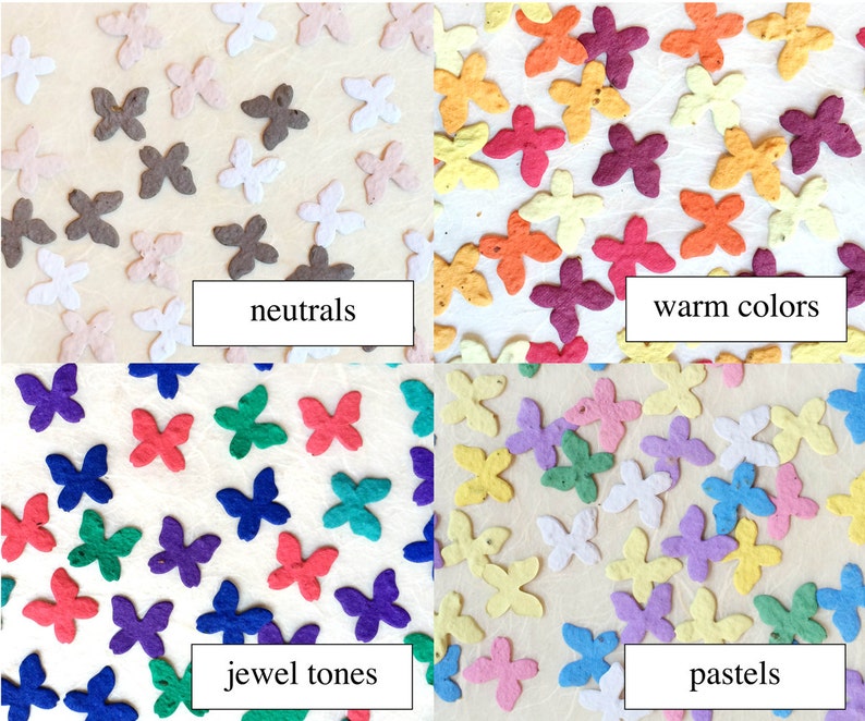 Puede incluir: Cuatro juegos de mariposas de papel de colores, cada juego representa un esquema de color diferente: neutros, colores c&aacute;lidos, tonos joya y pasteles.