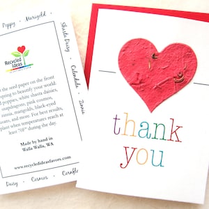 Carte de remerciement en papier graine - grand coeur rouge - lettres d'amour arc-en-ciel - graines de fleurs à planter