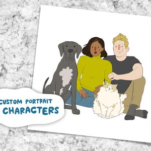 FOUR-Member Family Portrait - DIGITAL DOWNLOAD - Pet Cartoon - Custom Dog, Cat Illustration