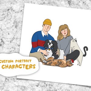 FIVE-Member Family Portrait - DIGITAL DOWNLOAD - Pet Cartoon - Custom Dog, Cat Illustration