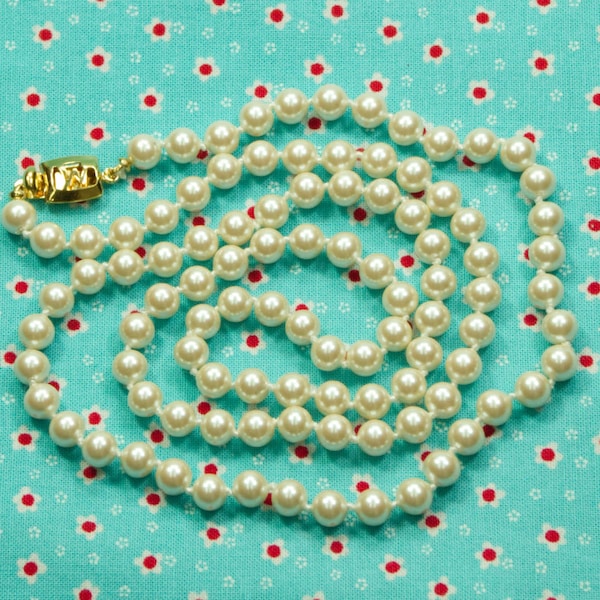 Vintage Monet 29" Faux Pearl Necklace, Knotted 7mm Signed Pearls, Mid-century Glamour