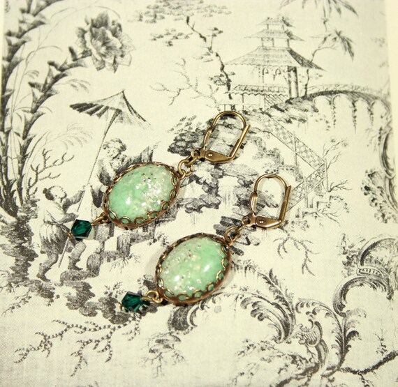 Lt Green Sparkle Cabachon Earrings With Swarovski Crystal, Vintage
