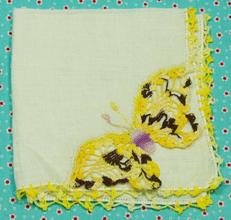 Vintage 40's Variegated Crochet Linen Butterfly Hankie image 1