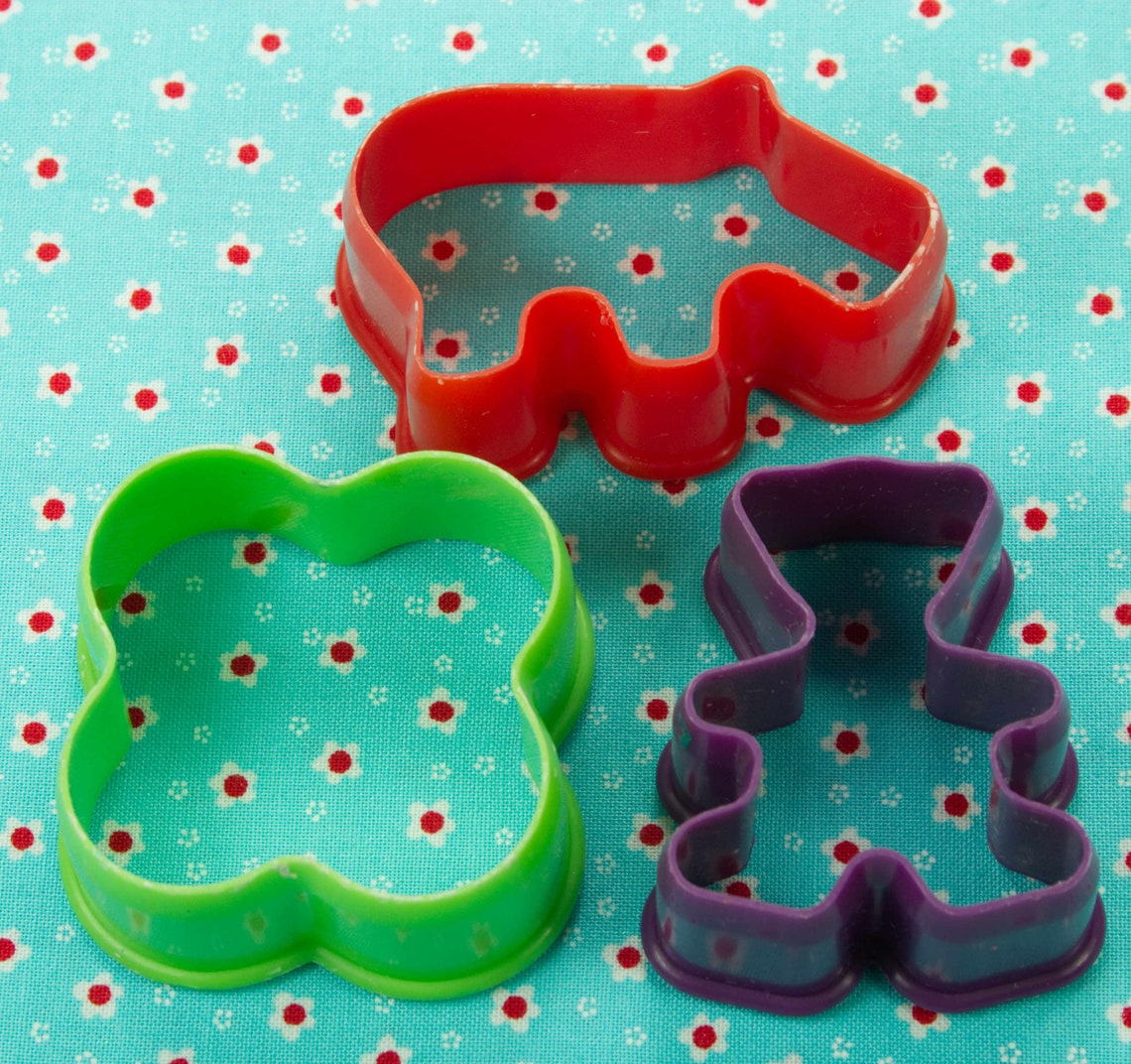 3 Pc. Kids Plastic Cookie Cutter Set Red Hippo Green Flower Purple Bear