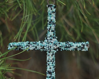 Glass Beaded Wall Cross In Shades Of Teal Blue